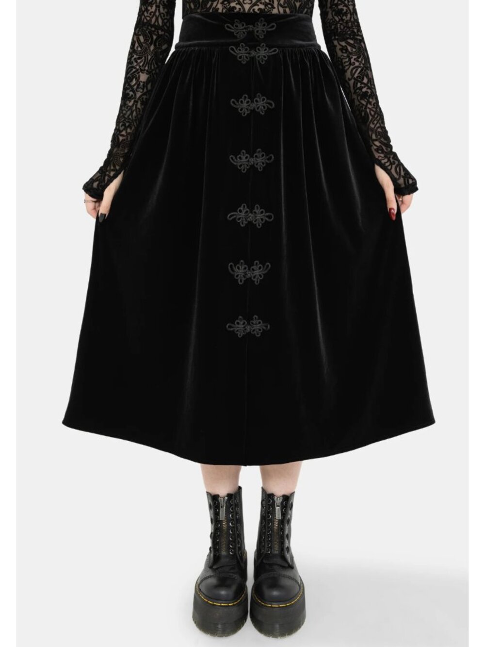 Disturbia Women's Nova Velvet Frog Closure Midi Skirt Size US 12 Black NWT